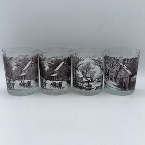 Currier & Ives Bar Glasses - Four - From Lithographic Prints -4 1/2 inches tall